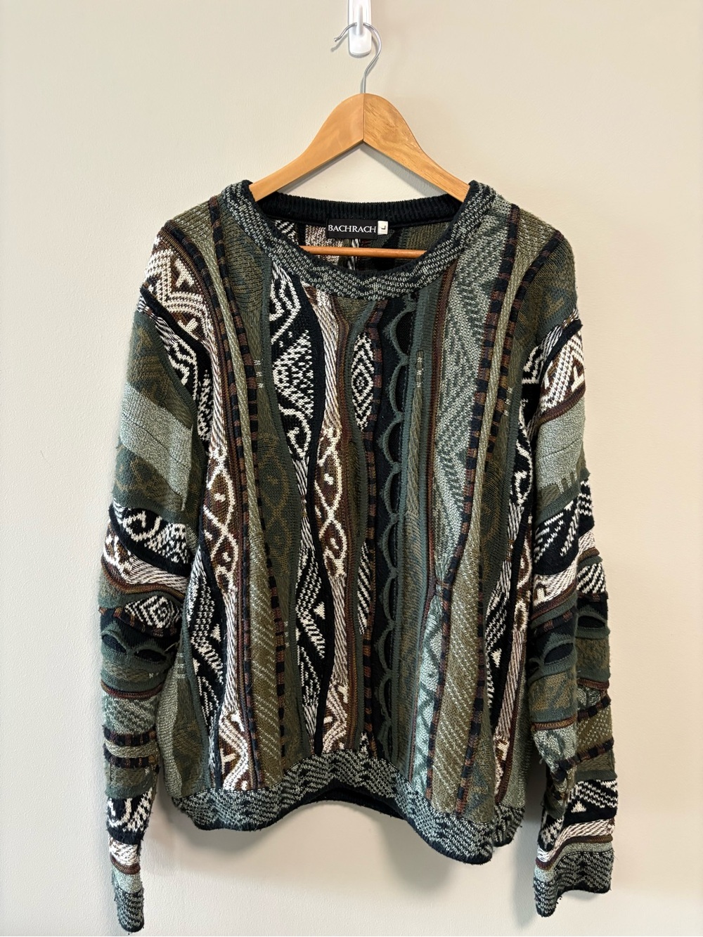 Vintage Bachrach Coogi Style 3D Knit Sweater Multicolor Geometric L